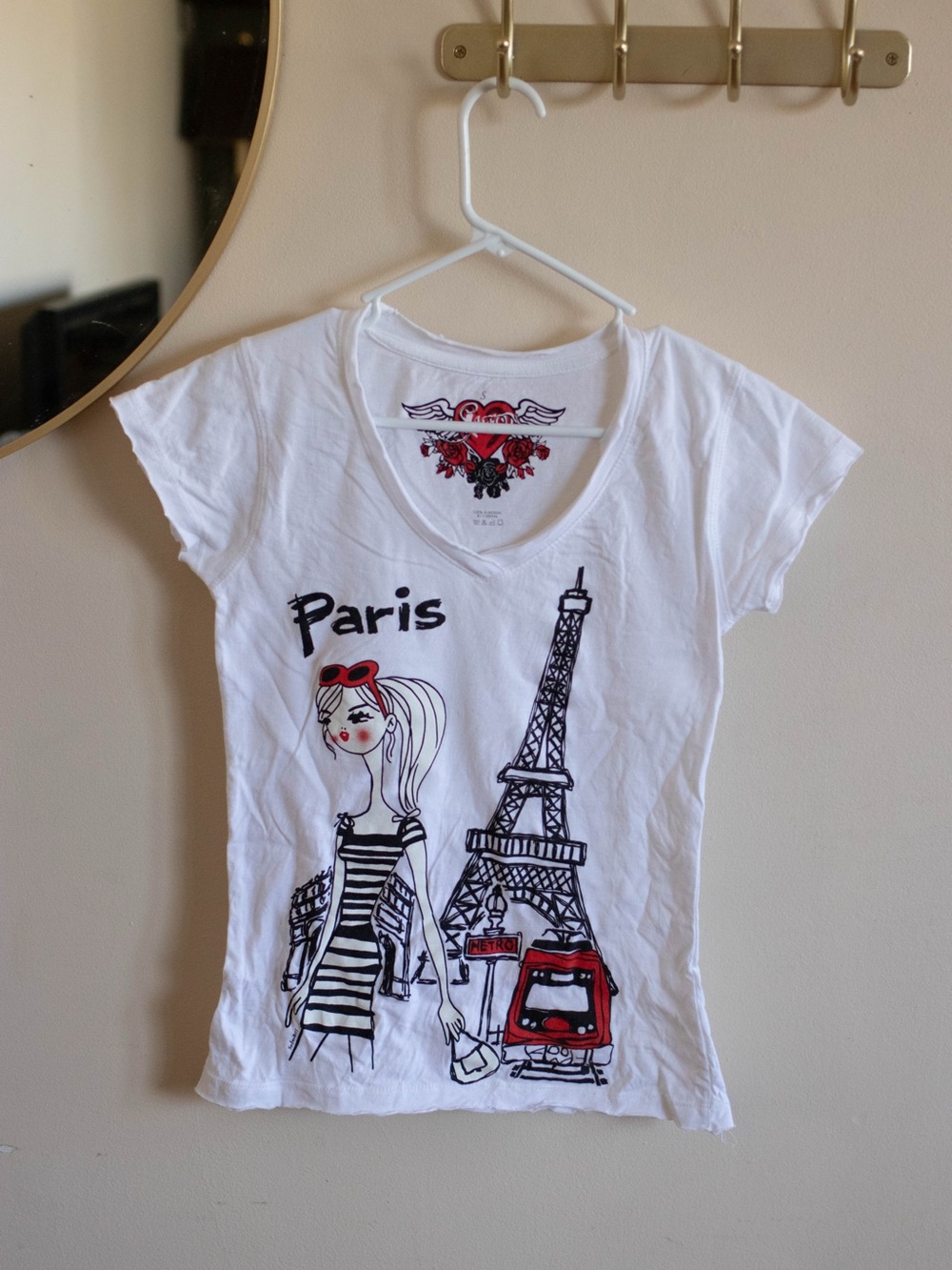 Paris Graphic V-Neck Tee - White with Red Accents